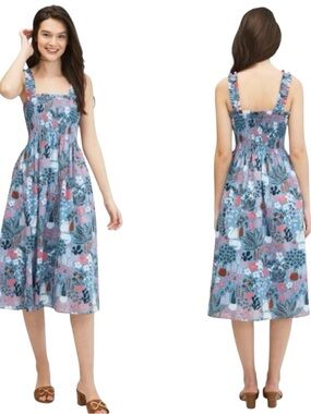 Kate Spade Garden Posy Midi Dress XL Blue Pink Smocked Nap Cotton Cottagecore